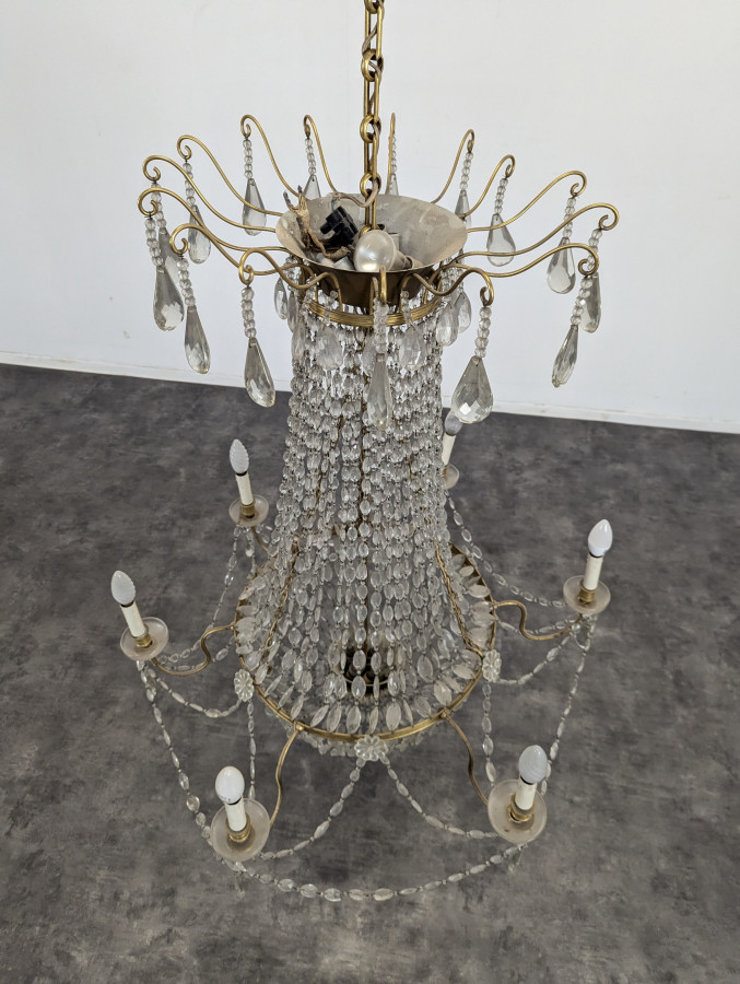 Lustre mongolfière à pampilles et monture en bronze