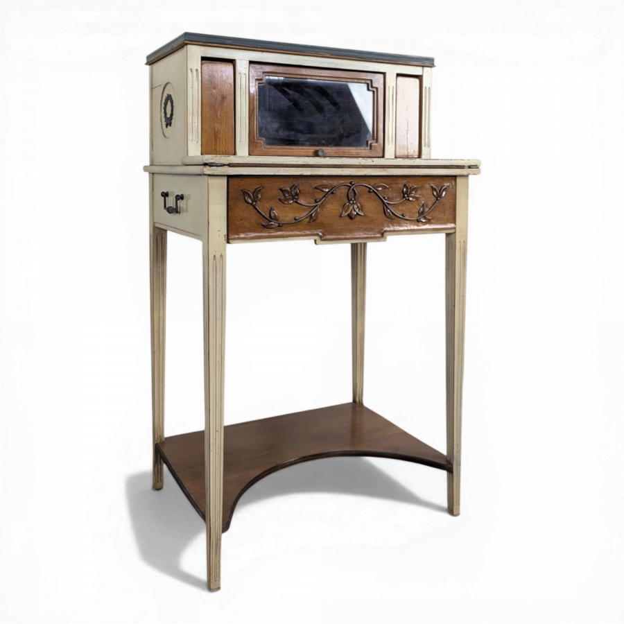 Bureau de dame Bonheur du jour cérusé et réchampi néo-rustique