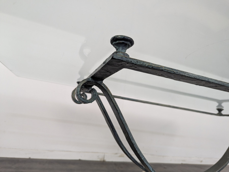 Table basse des années 80 façon travertin plateau en verre