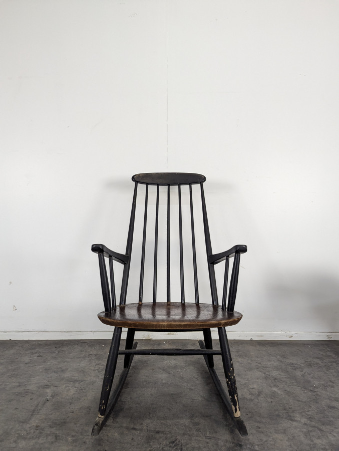 Fauteuil Rocking Chair en Teck Massif par Ilmari Tapiovara pour Asko