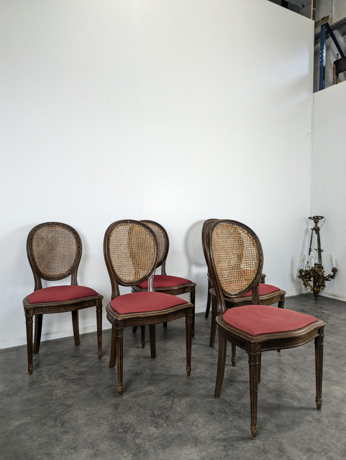 Série de 6 chaises médaillon cannées de style Louis XVI en acajou