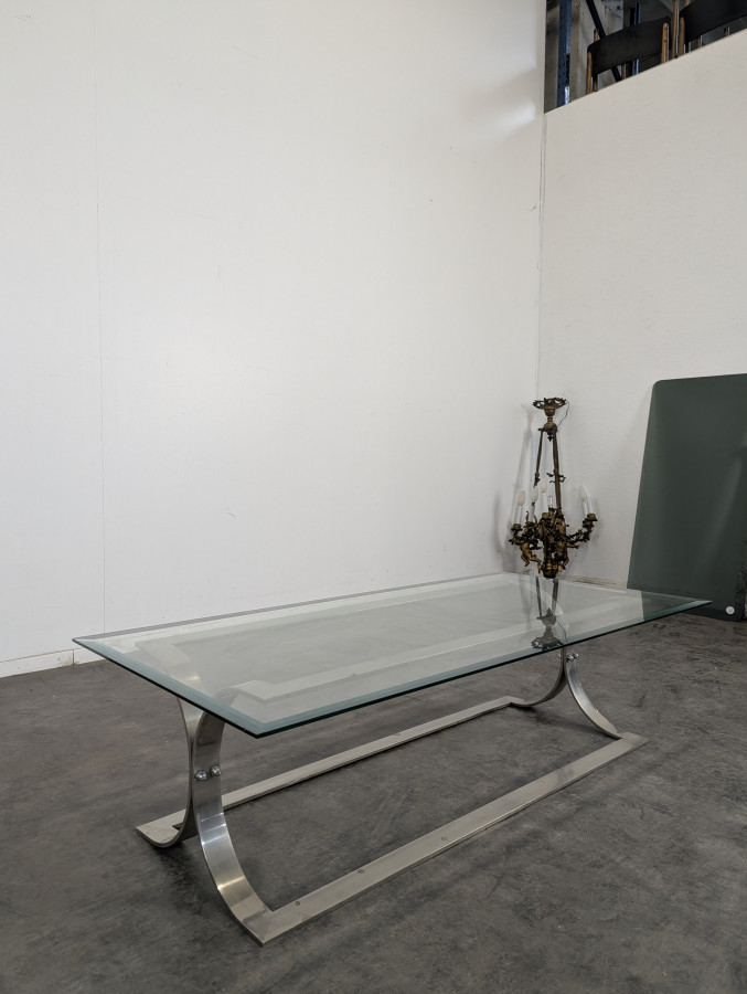 Table basse space age acier chromé et verre