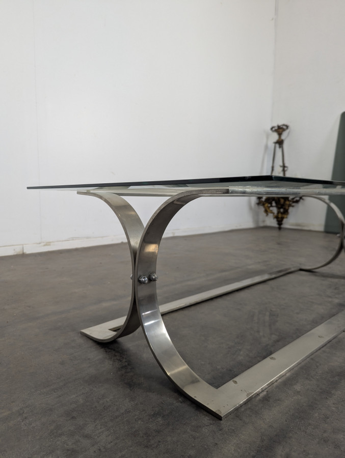 Table basse space age acier chromé et verre