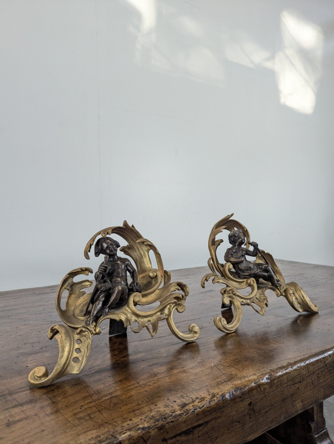 Paire de chenets en bronze de style Louis XV