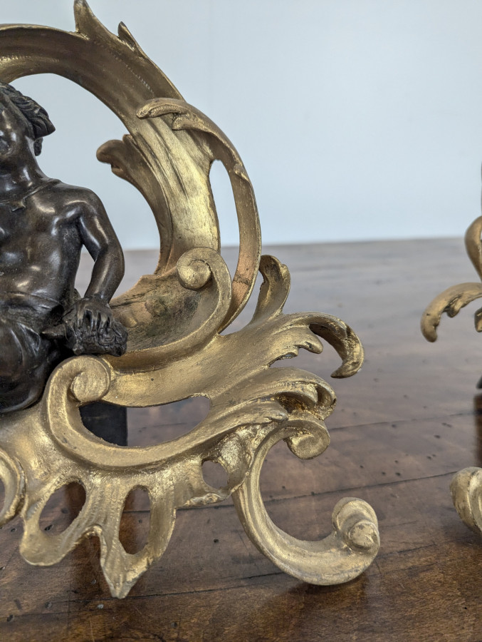 Paire de chenets en bronze de style Louis XV