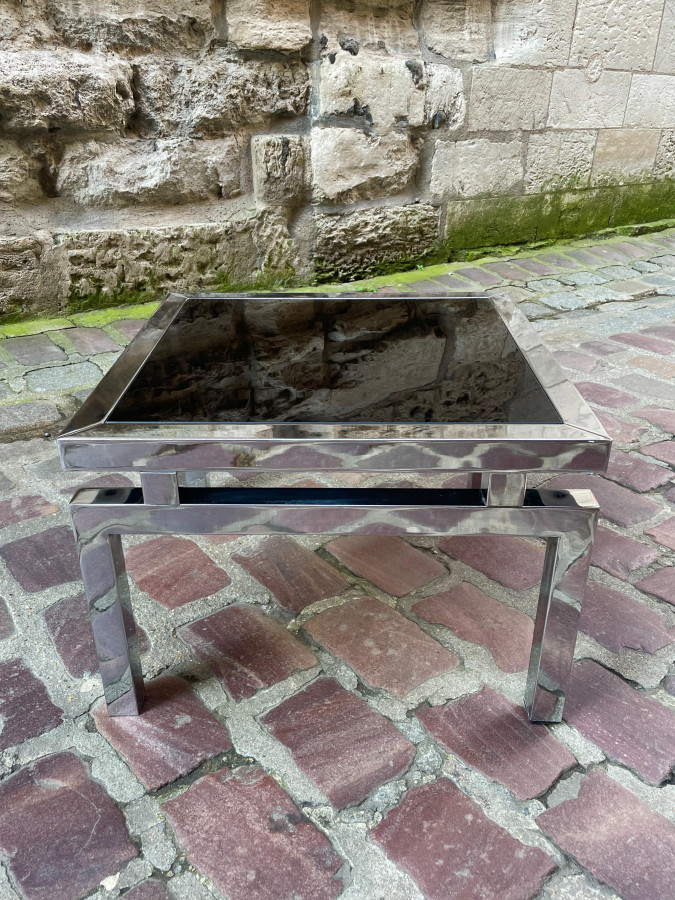 Table basse Space Age en métal chromé et verre fumé
