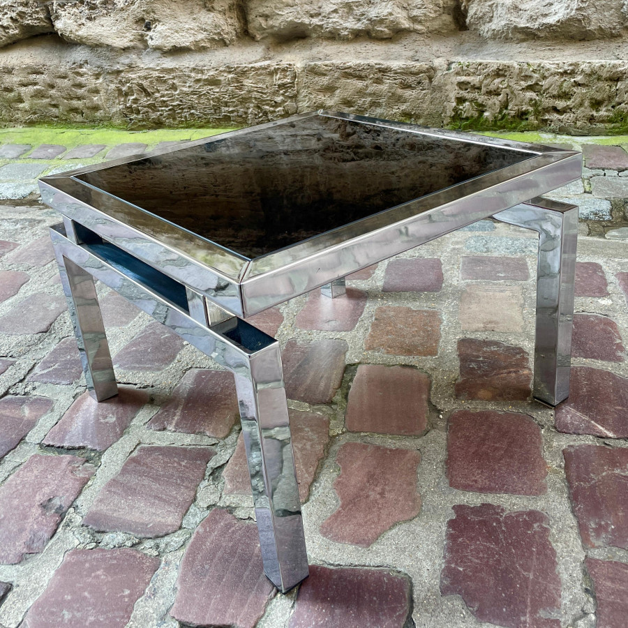 Table basse Space Age en métal chromé et verre fumé