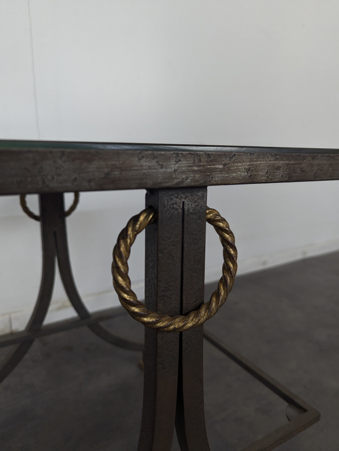 Table d'appoint neoclassique en fer forgé et verre eglomisé