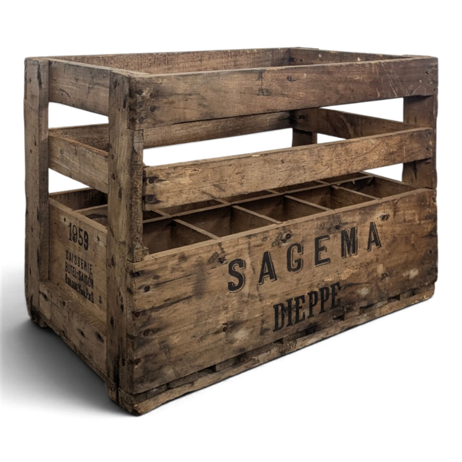 Caisse à bouteilles ancienne en bois Sagema Dieppe