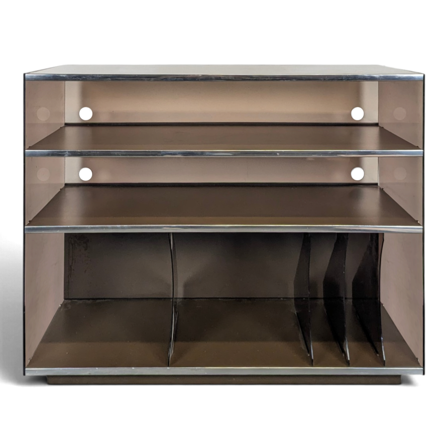 Meuble hi-fi en plexiglas fumé et métal chromé des années 70