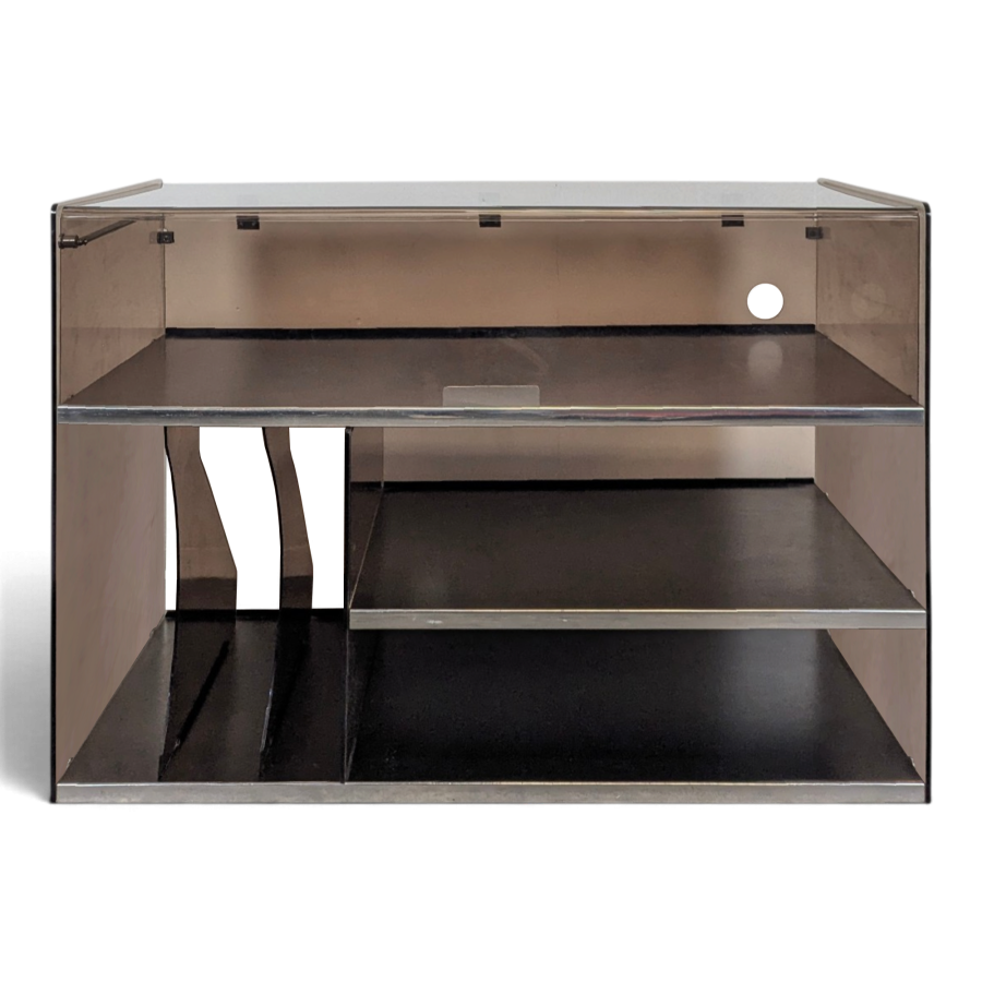 Meuble hi-fi à abattant en plexiglas fumé et métal chromé des années 70