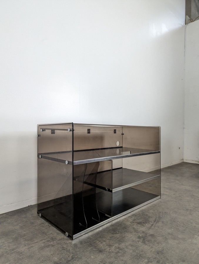 Meuble hi-fi à abattant en plexiglas fumé et métal chromé des années 70
