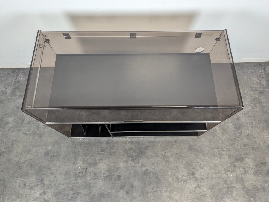 Meuble hi-fi à abattant en plexiglas fumé et métal chromé des années 70