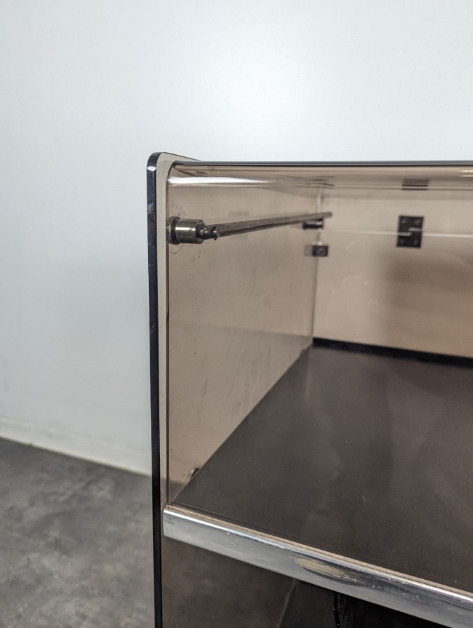 Meuble hi-fi à abattant en plexiglas fumé et métal chromé des années 70