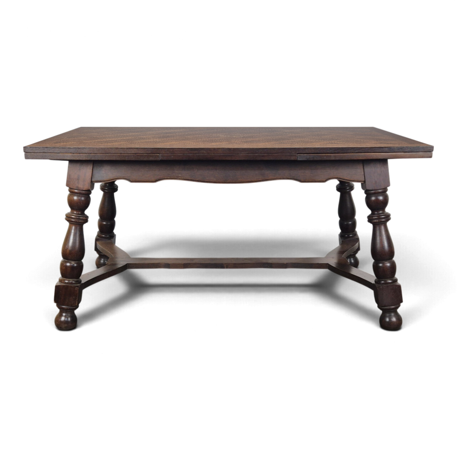 Table de salle à manger en chêne à plateau parqueté et rallonges