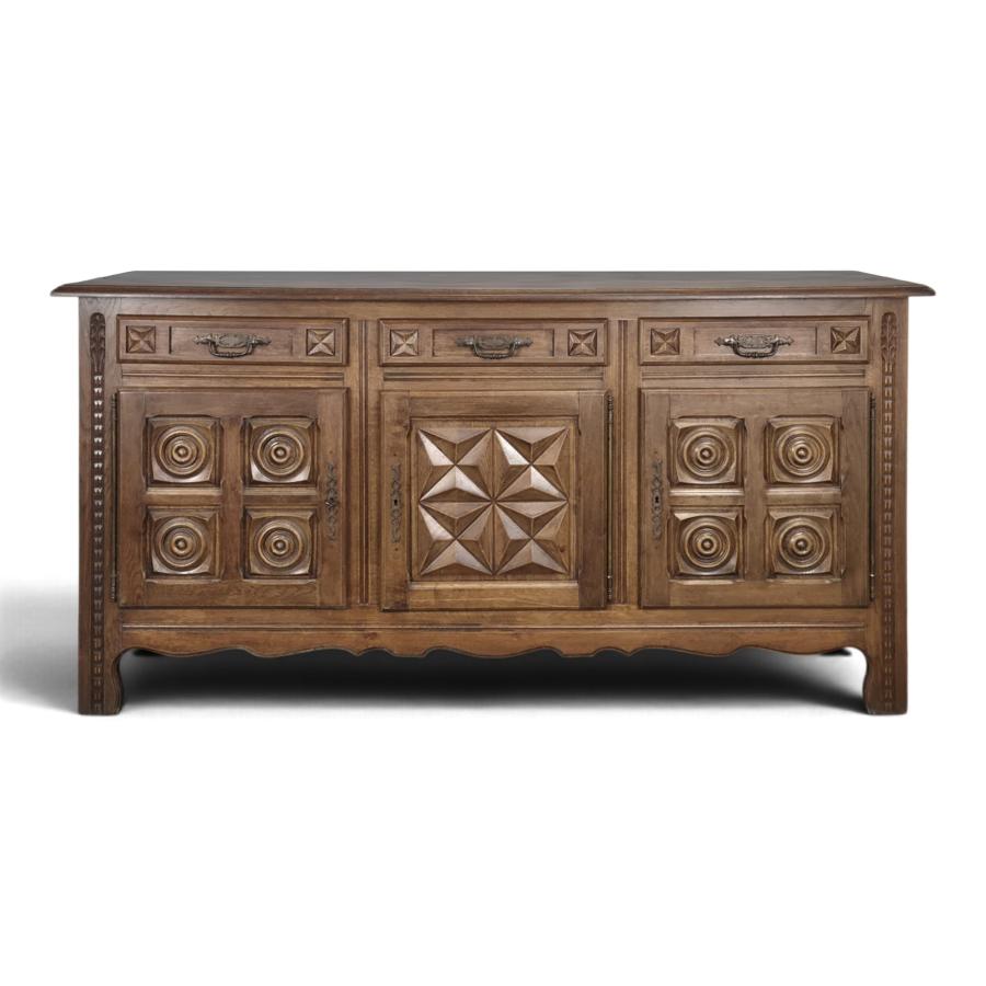 Buffet bas à trois portes en chêne à rosaces et étoile