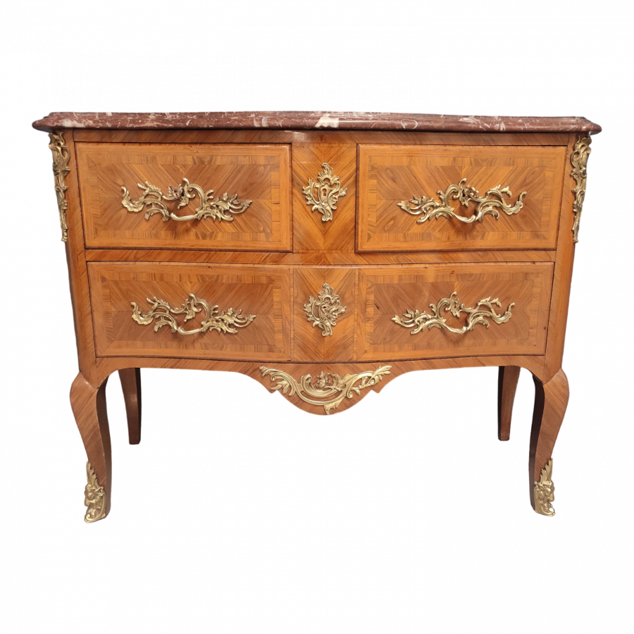 Belle et Elégante Commode Sauteuse de style Louis XV en marqueterie de bois de rose et palissandre