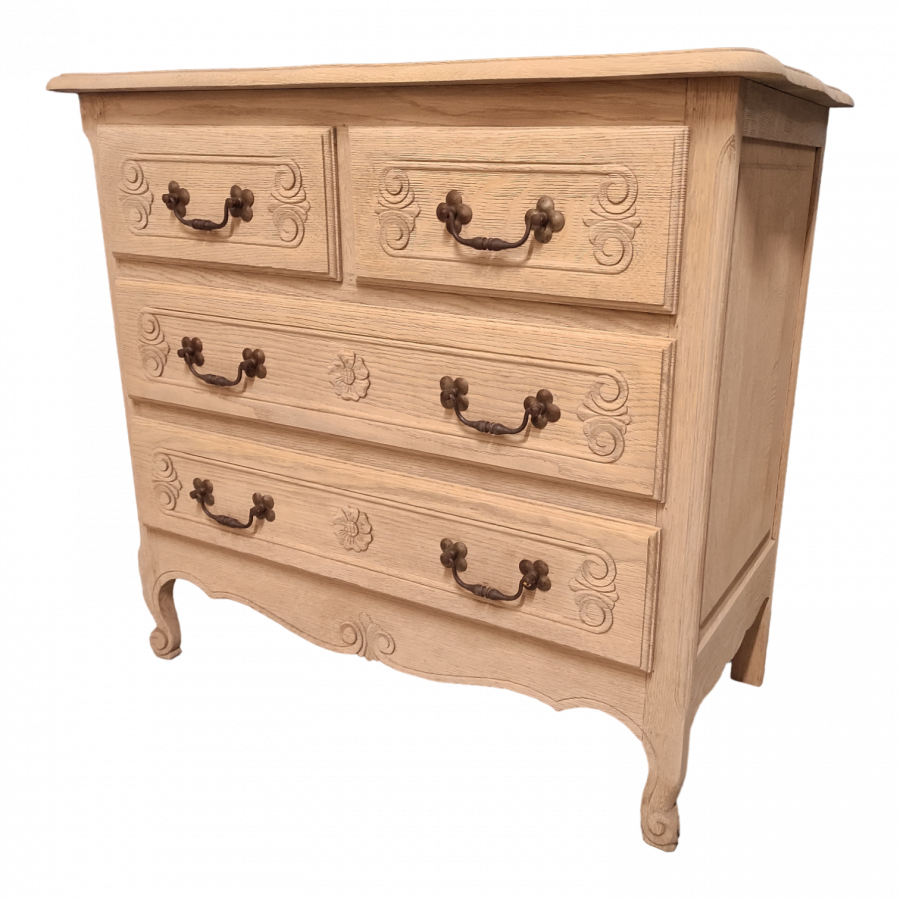 Commode Baroque en chêne décapée ouvrant à 4 tiroirs