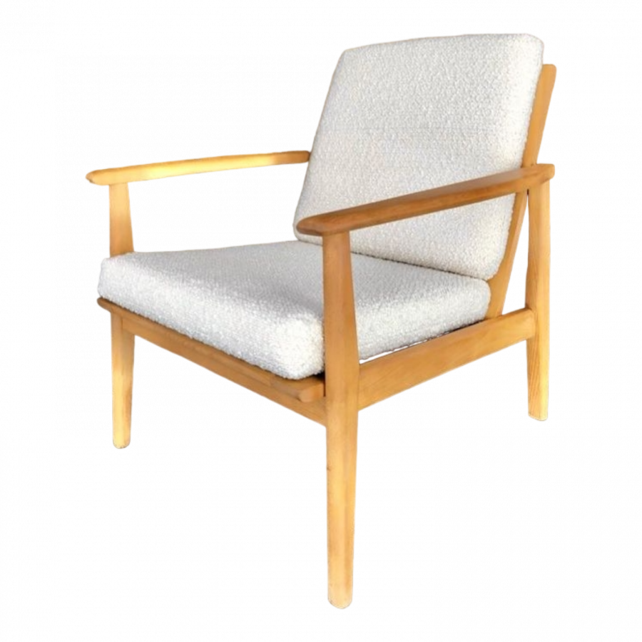 Fauteuil Scandinave en Teck et tissus en bouclette