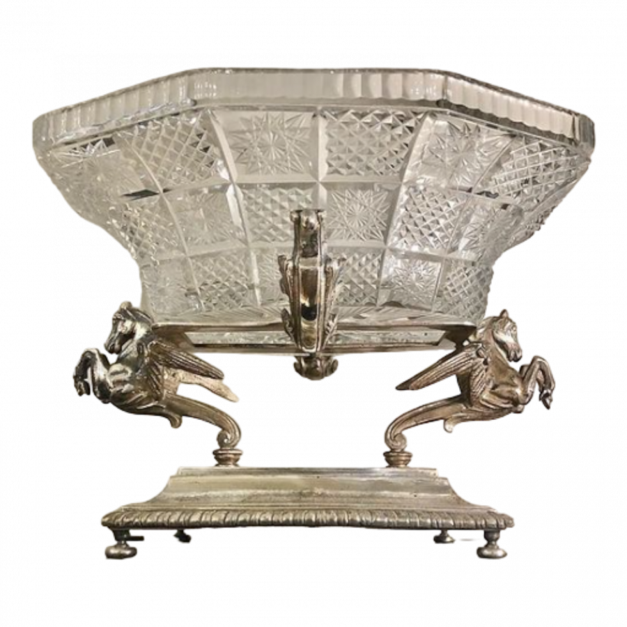 Centre de table en bronze argenté dans le goût de Christofle coupe en cristal