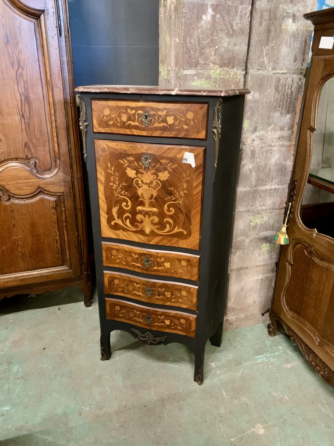 Petit secrétaire noir mat et marqueterie