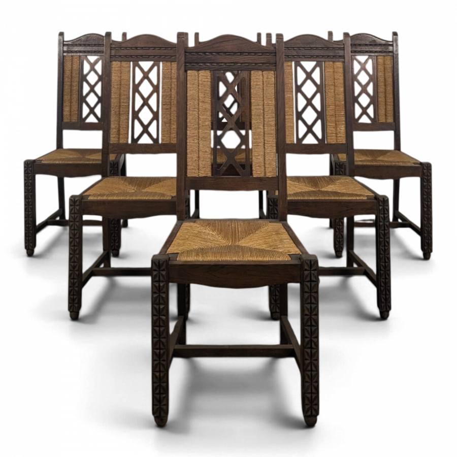 Série de 6 chaises brutalistes paillées