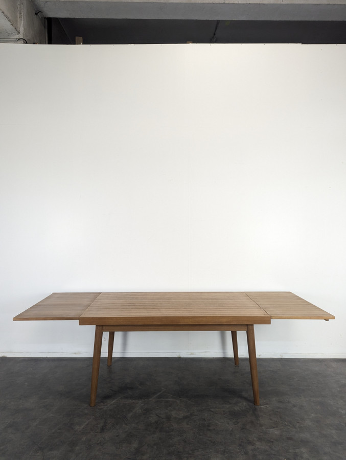 Table moderniste en teck avec 2 allonges