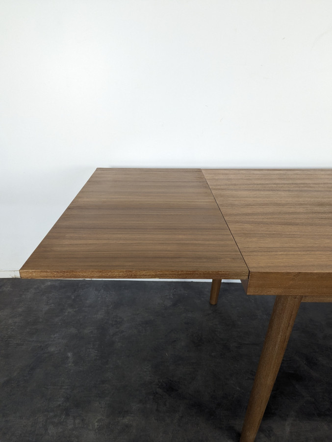 Table moderniste en teck avec 2 allonges