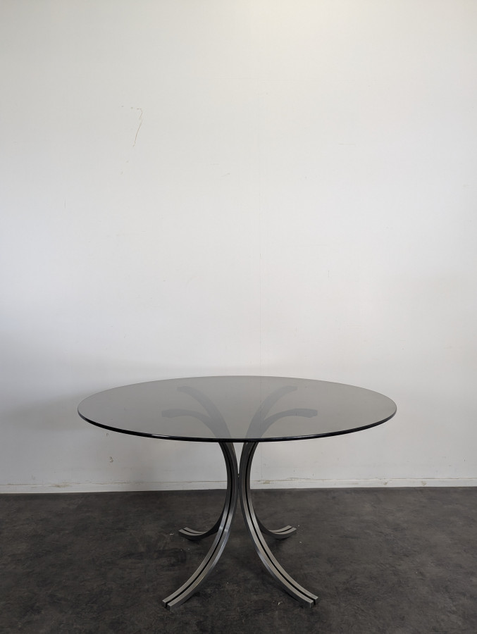 Table space age plateau verre fumé et piètement chromé