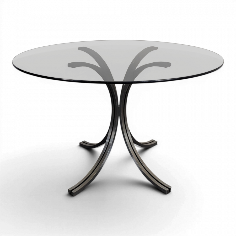 Table space age plateau verre fumé et piètement chromé