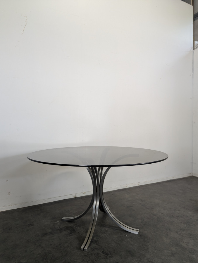 Table space age plateau verre fumé et piètement chromé