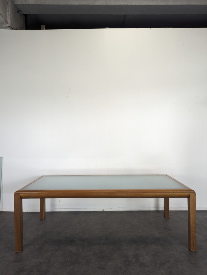 Grande table de repas en verre et merisier
