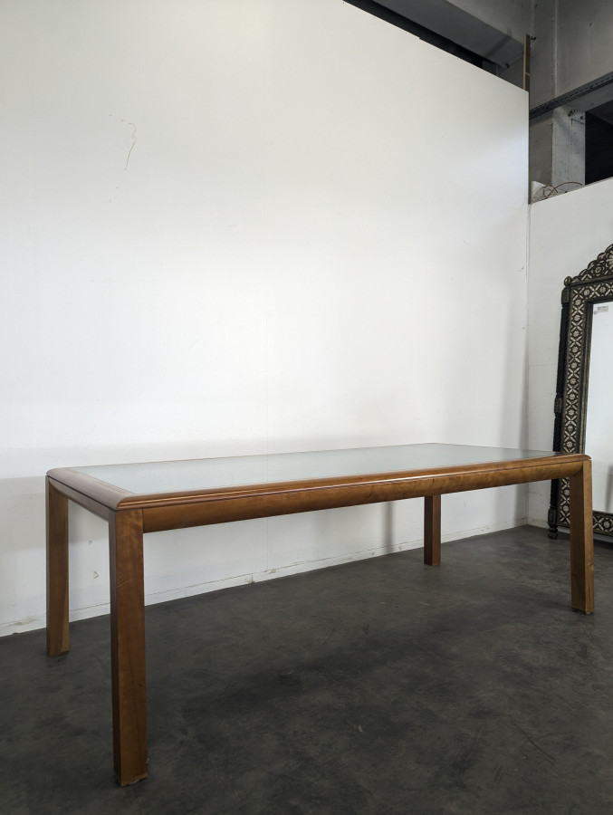 Grande table de repas en verre et merisier