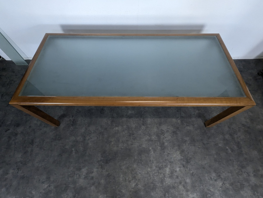 Grande table de repas en verre et merisier