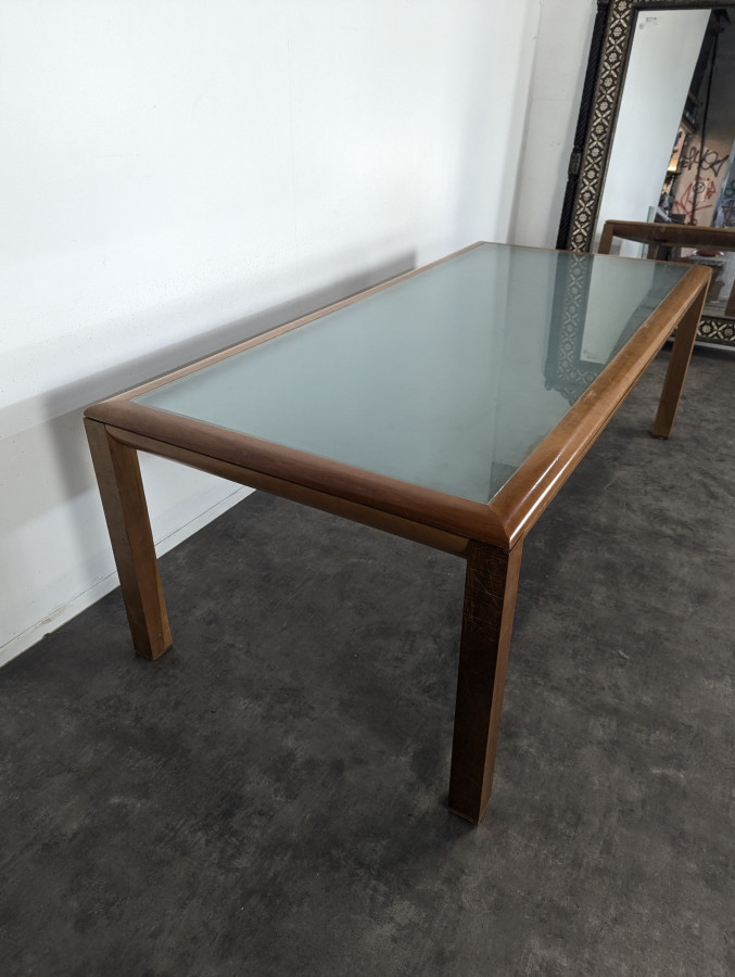 Grande table de repas en verre et merisier