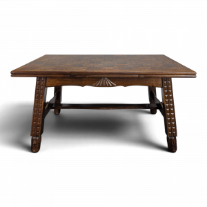 Table à allonges Art Déco en chêne plateau damier dans le goût de Charles Dudouyt