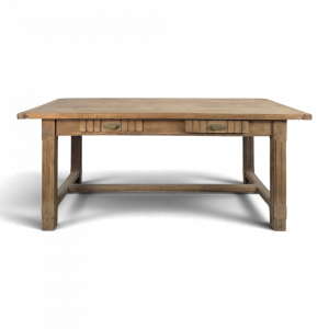Table de ferme Art Déco en chêne décapé deux tiroirs pieds cannelés