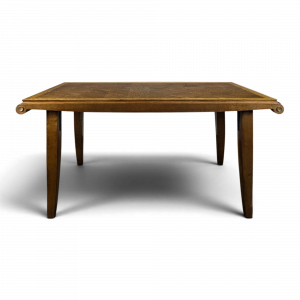 Table à rallonges années 40 en chêne à plateau marqueté de cubes