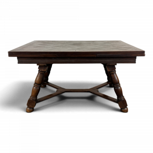 Table à allonges en chêne, plateau parqueté et piètement balustre