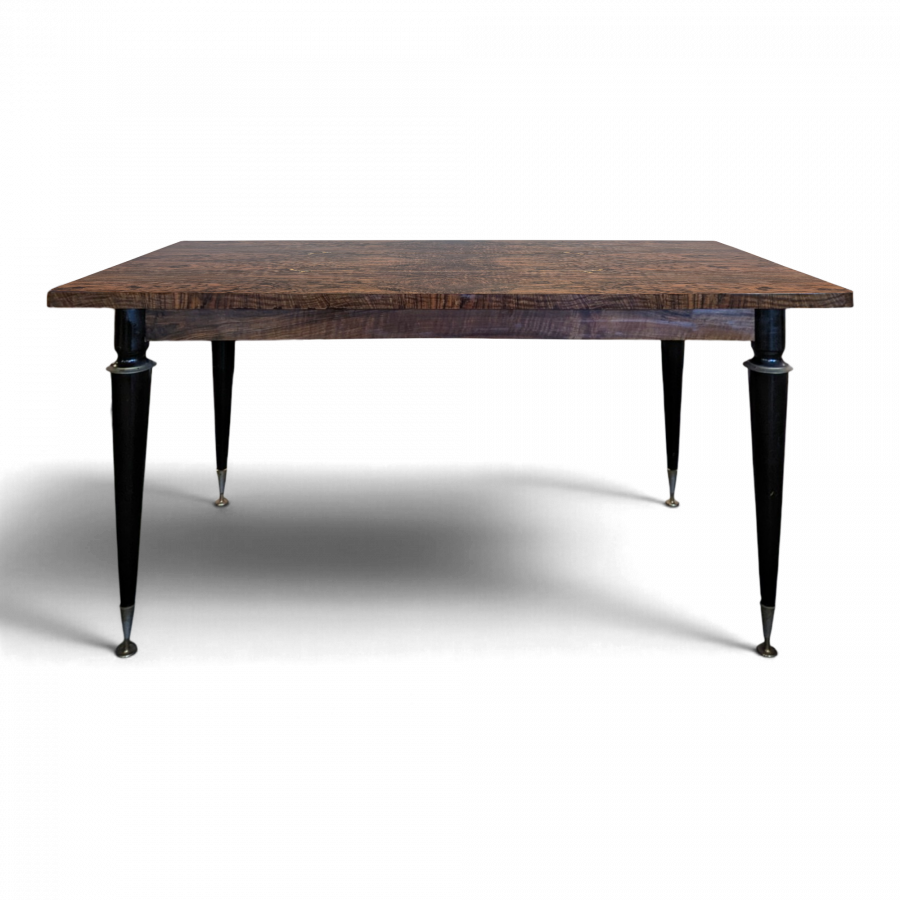 Table de salle à manger années 50 en ronce de noyer, pieds fuseau