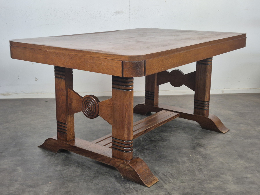 Table de salle à manger années 40 en chêne à piètement double