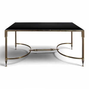 Table basse néoclassique en laiton et verre noir années 60
