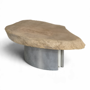 Table basse plateau tranche de bois brut sur piètement métallique
