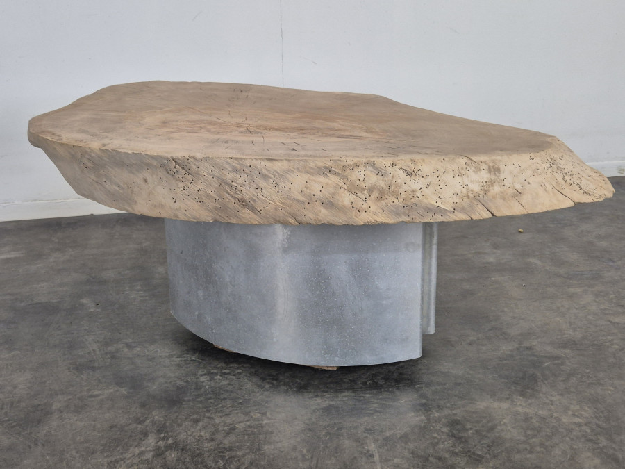 Table basse plateau tranche de bois brut sur piètement métallique