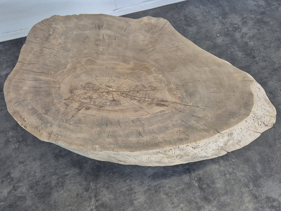 Table basse plateau tranche de bois brut sur piètement métallique